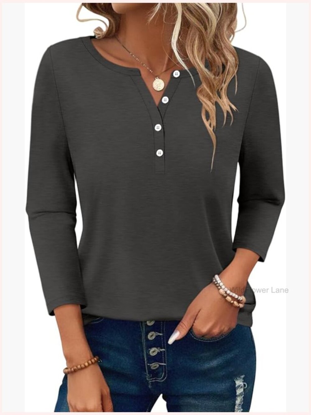 3/4 Length Sleeve Button Down Scoop Neck Casual Tops